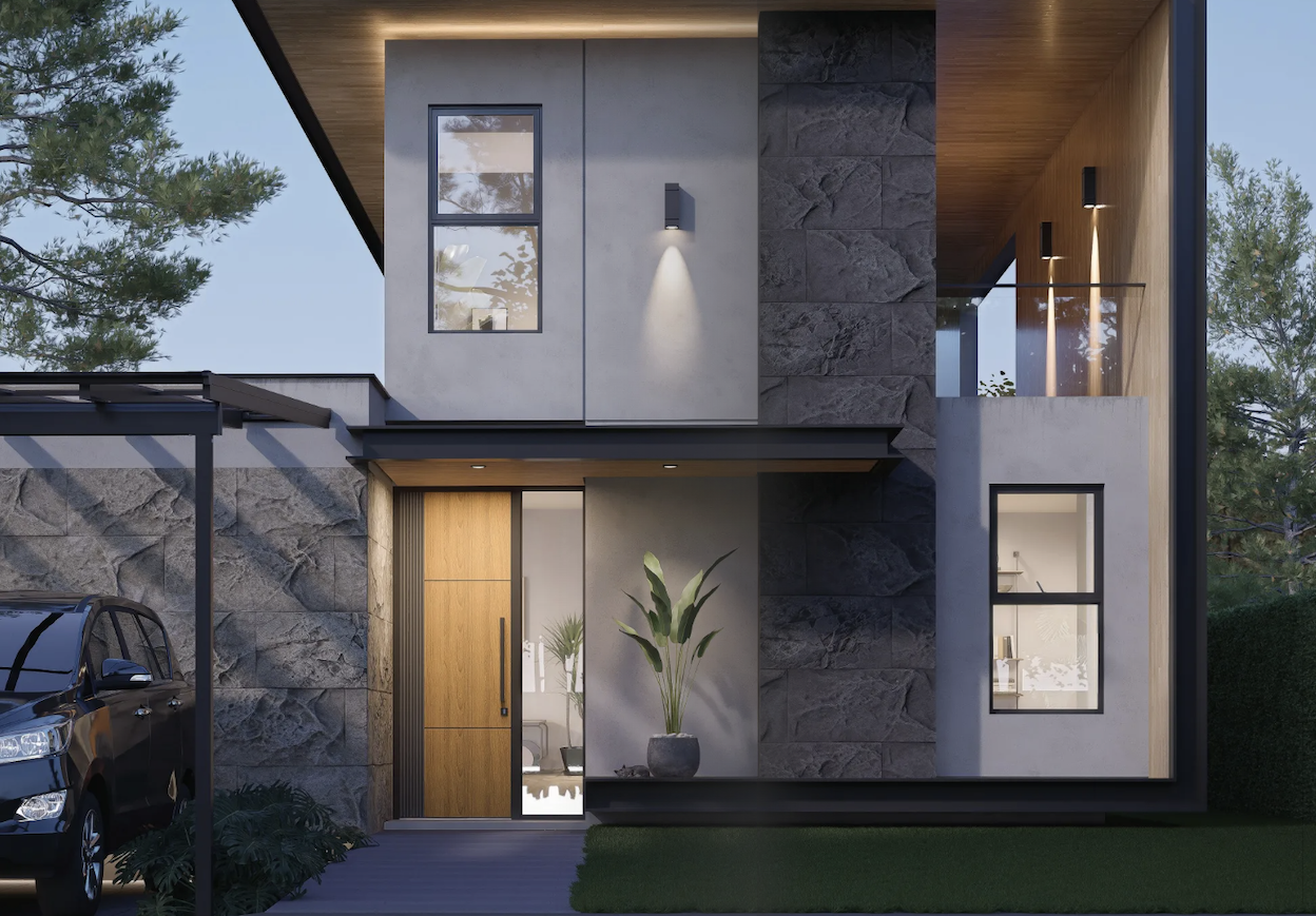 Pintu utama Fronterra YKK AP berbahan aluminium dan kayu terpasang di fasad rumah minimalis modern kawasan Jabodetabek