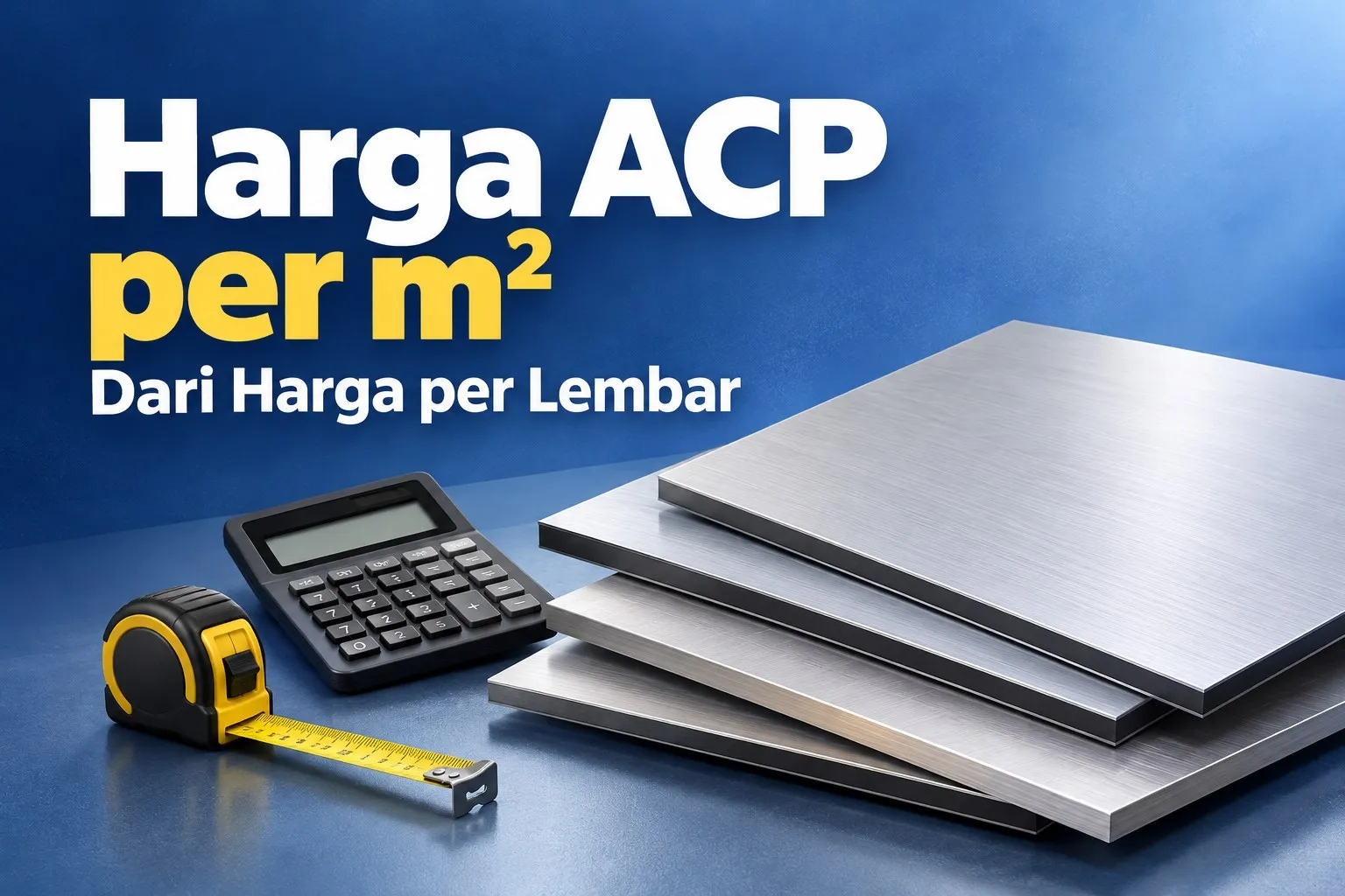 Banner harga ACP per meter persegi dari harga per lembar dengan ilustrasi panel aluminium komposit, kalkulator, dan meteran.